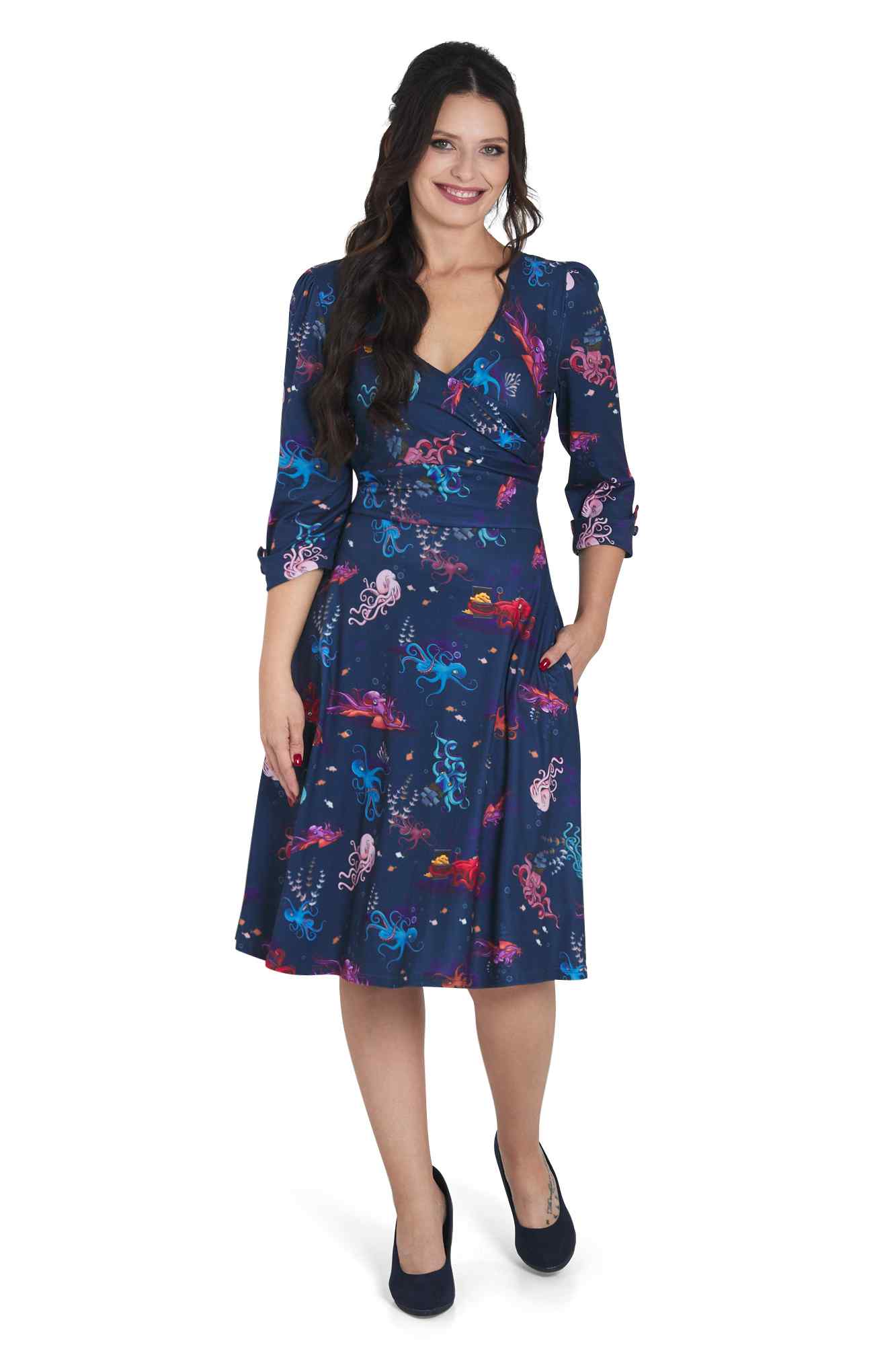 Model wearing Navy Octopus Long Sleeved Dress