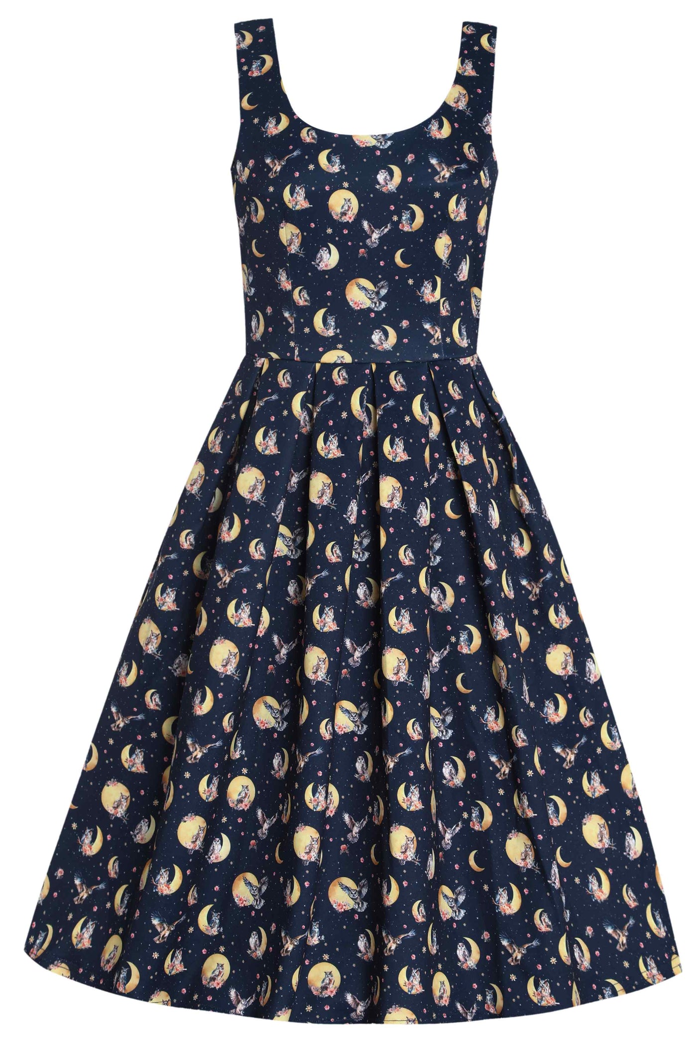 Front view of Navy Blue Night Owl Swing Dress