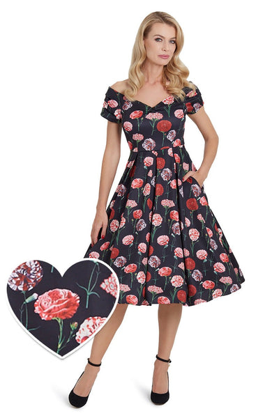 Model photo of Off Shoulder Peony Swing Dress in Black