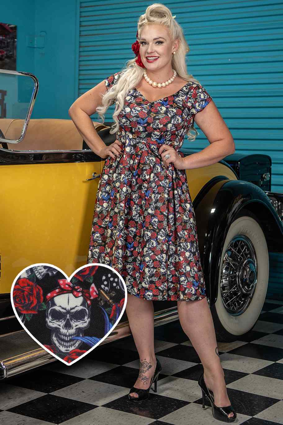 A model wearing a Off Shoulder 50s Rockabilly Skull Dress