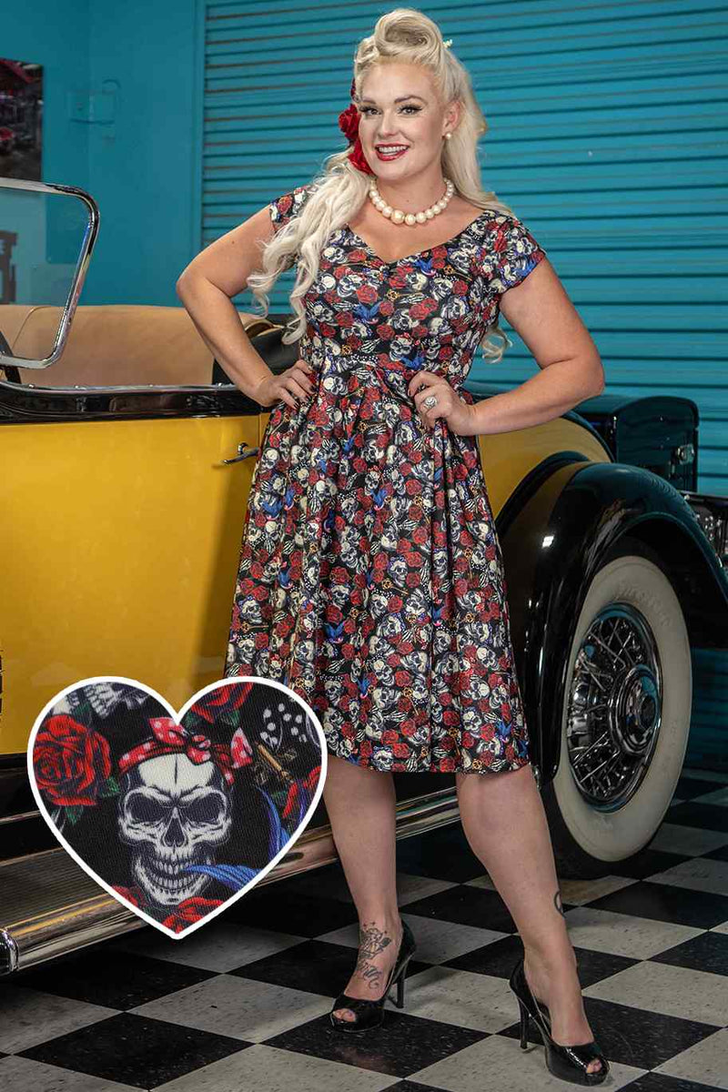 Lily Off Shoulder 50s Rockabilly Skull Dress 8