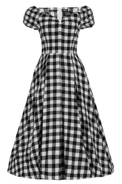 Front view of Off Shoulder Black Gingham Check Circle Dress