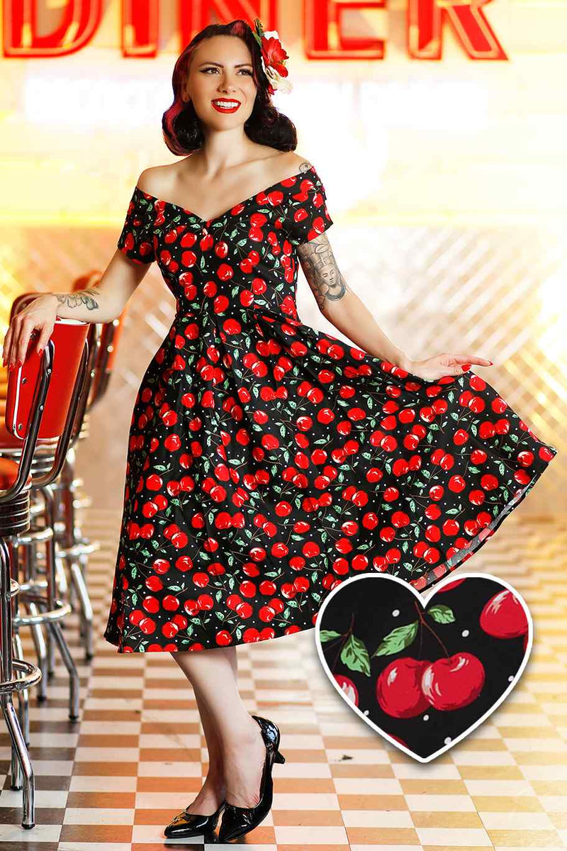 Off Shoulder Cherry Swing Dress