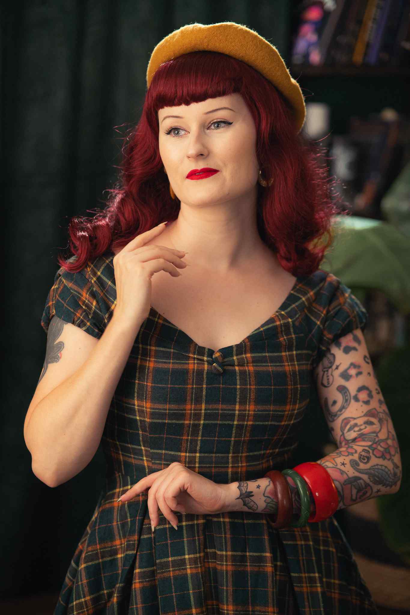 A model wearing an Off Shoulder Green Tartan Check Circle Dress