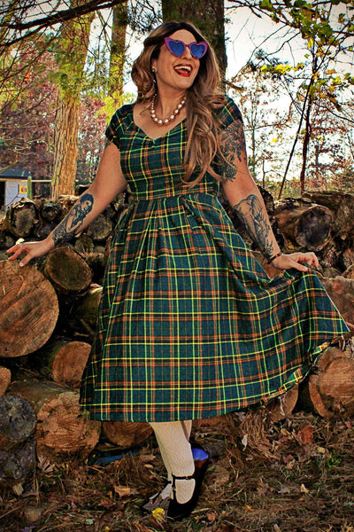 A model wearing Off Shoulder Green Tartan Check Circle Dress