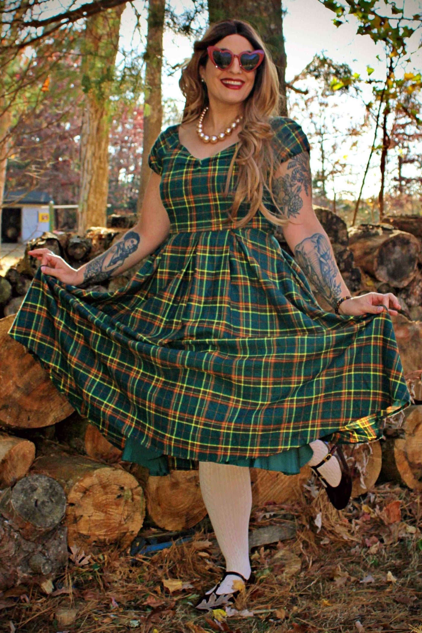 A model wearing Off Shoulder Green Tartan Check Circle Dress