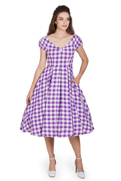 Model wearing Off Shoulder Purple Gingham Dress