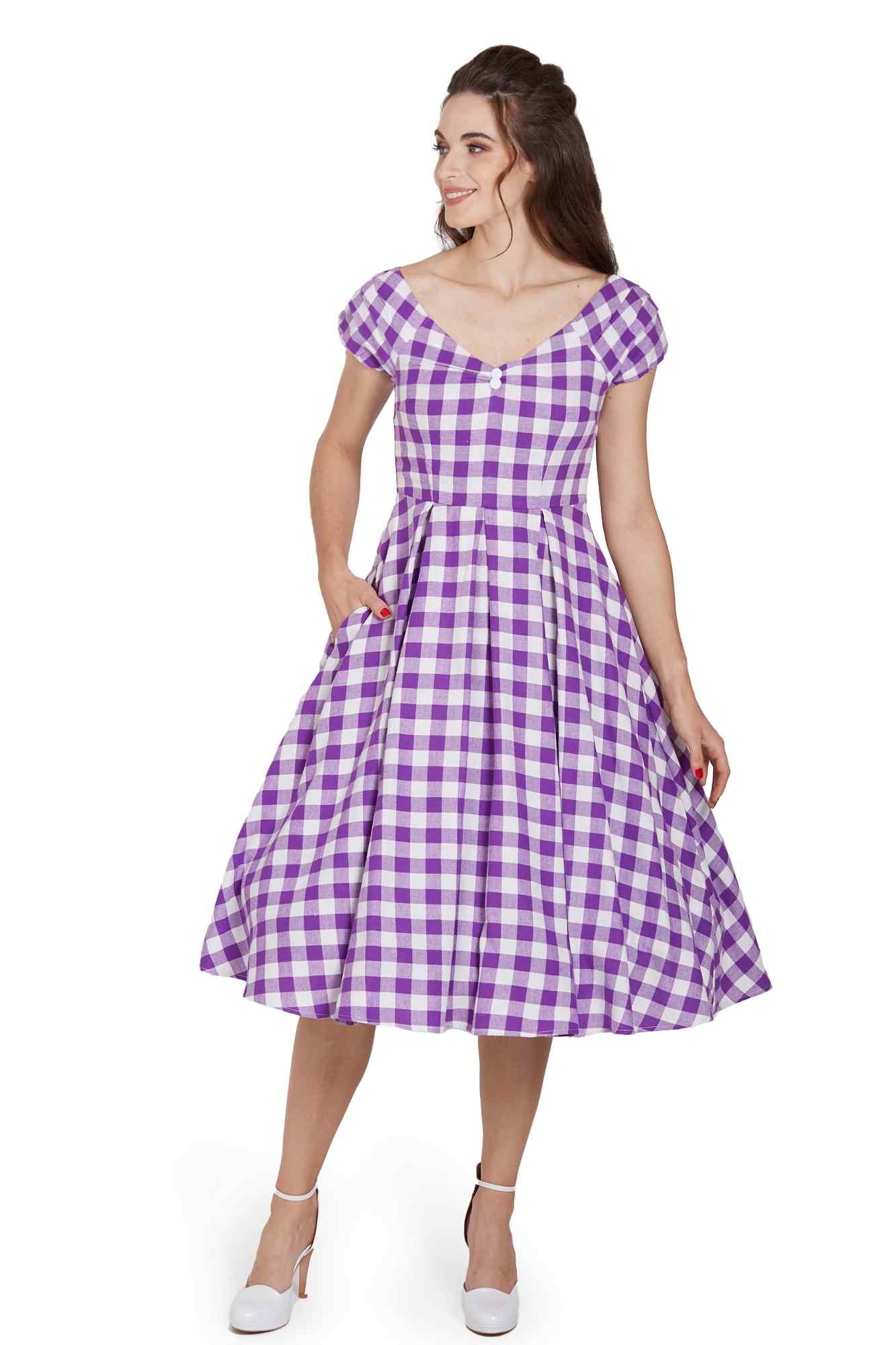 Model wearing Off Shoulder Purple Gingham Dress