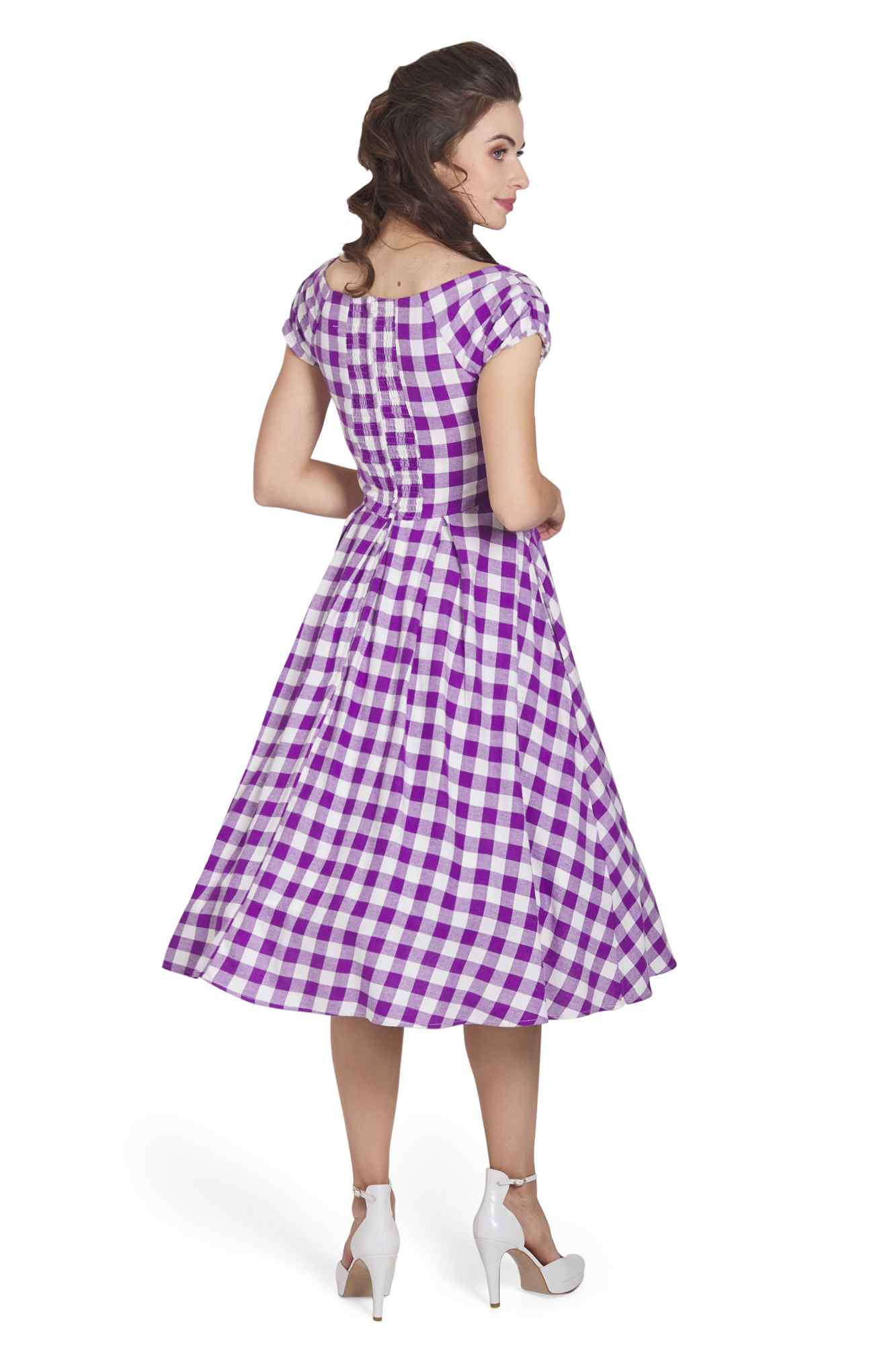 Model wearing Off Shoulder Purple Gingham Dress