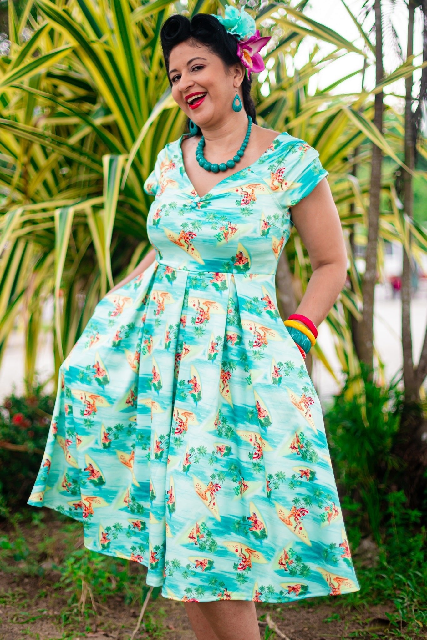 Lily Off Shoulder Turquoise Dress In Pinup Beach Print 8