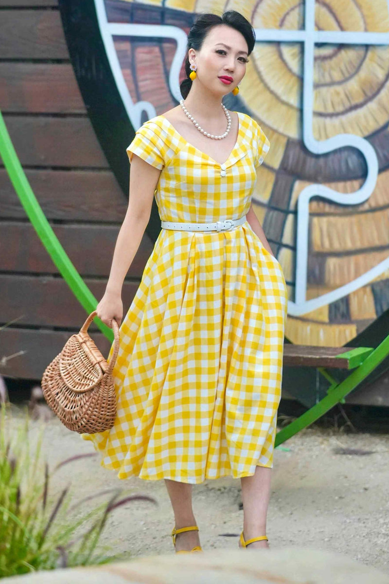 Model photo of Off Shoulder Yellow Gingham Dress