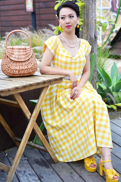 Model photo of Off Shoulder Yellow Gingham Dress