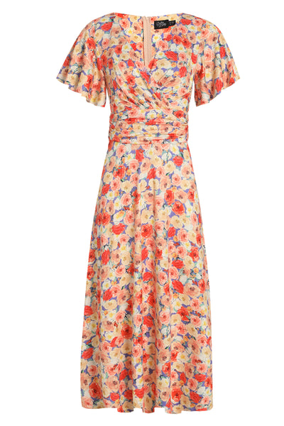 Donna Short Sleeve Tea Dress in Orange Floral Print