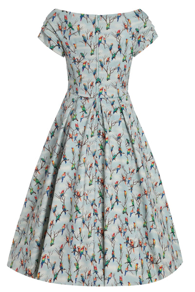 Back View of Parrot Off Shoulder Dress in Light Green