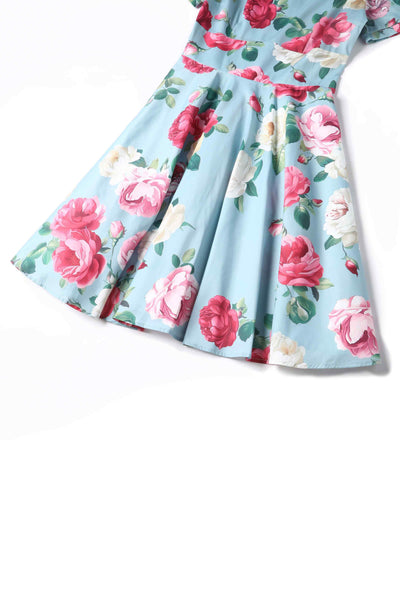 Close up view of Peony Flared Dress In Blue