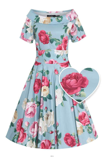 Front view of Peony Flared Dress In Blue