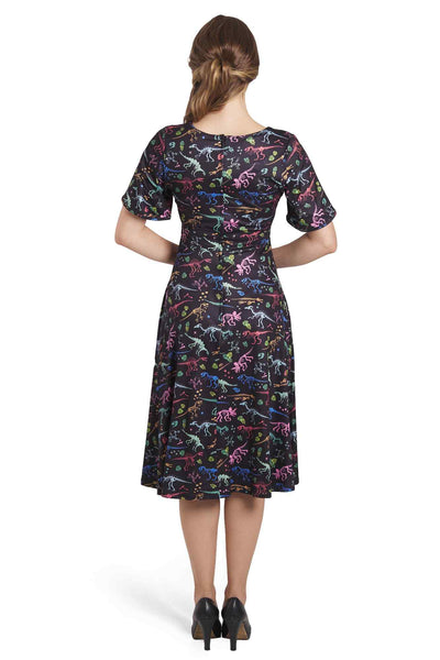 Model photo of Black Sleeved Flared Tea Dress In Fossil Print