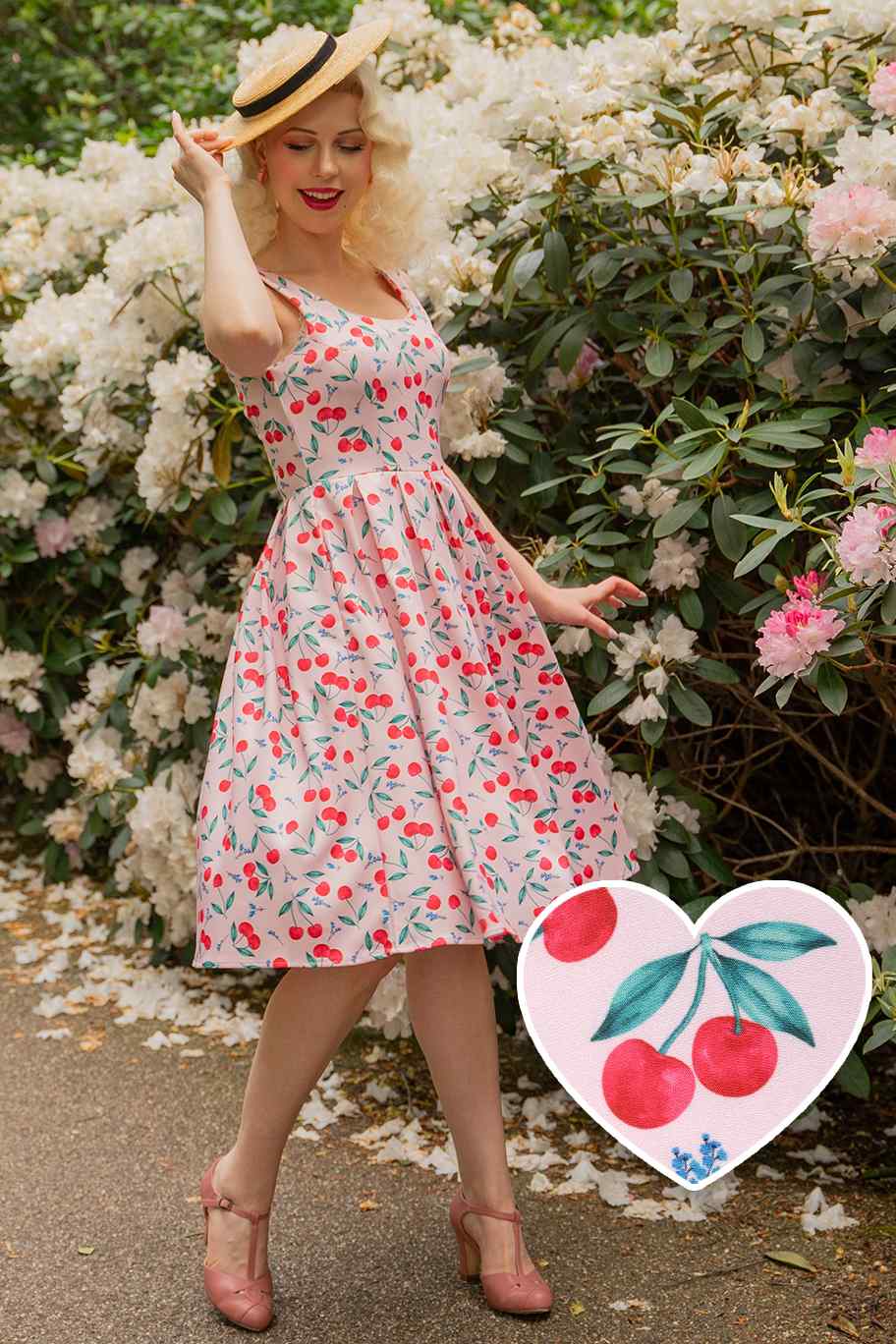 Model photo of Pink Cherry Flared Dress