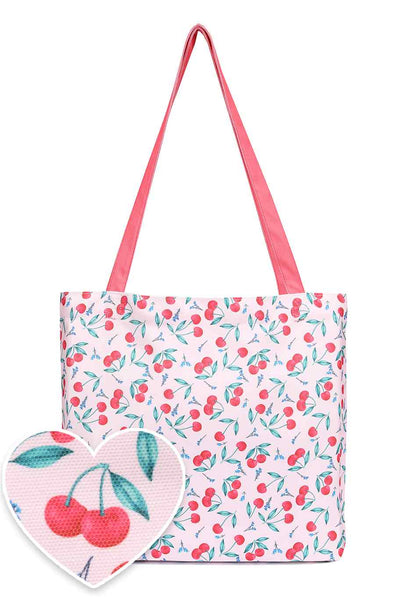 Pink Cherry Print Shopping Tote Bag