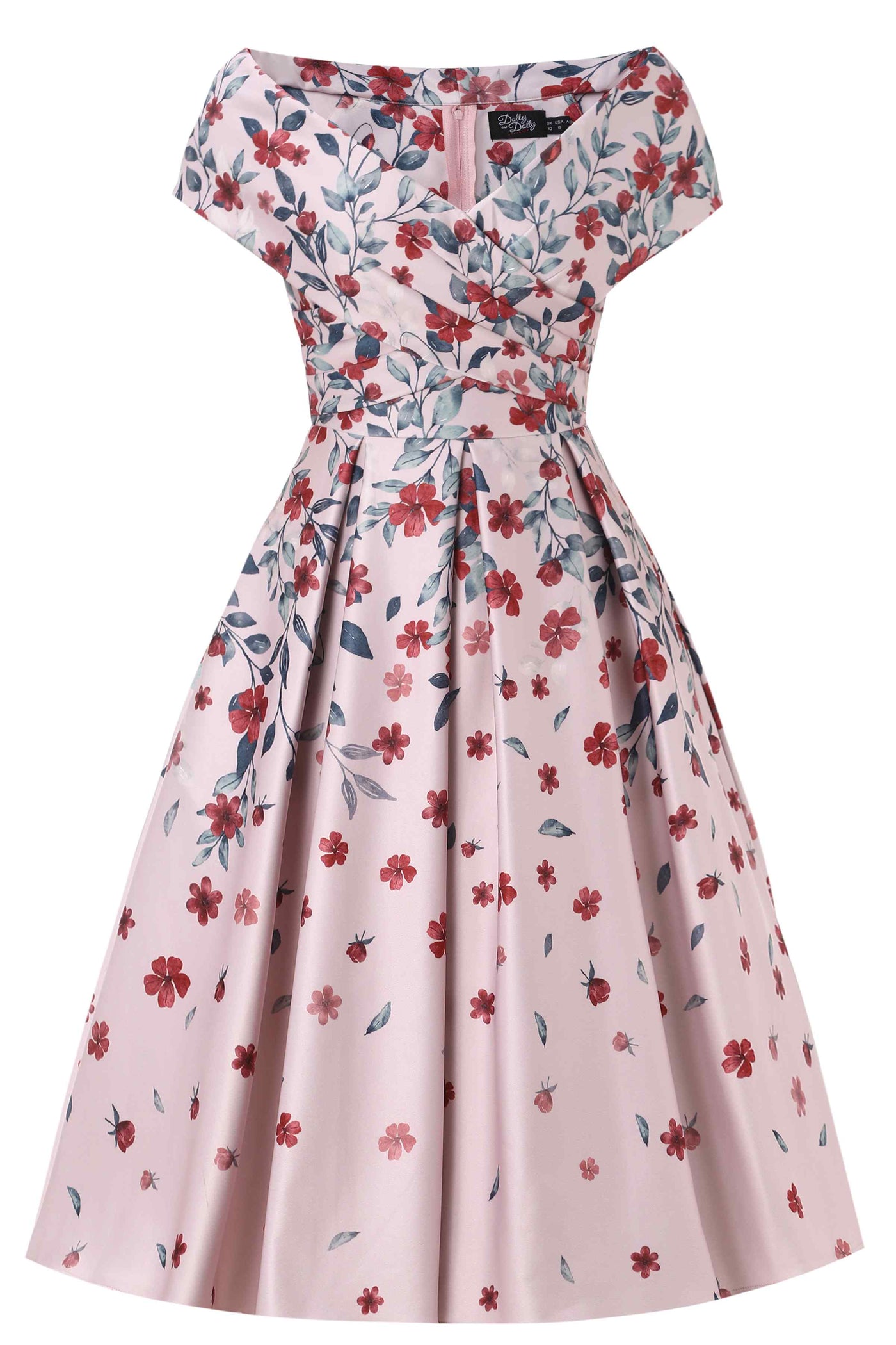 Front view of Pink Falling Flower Off Shoulder Dress