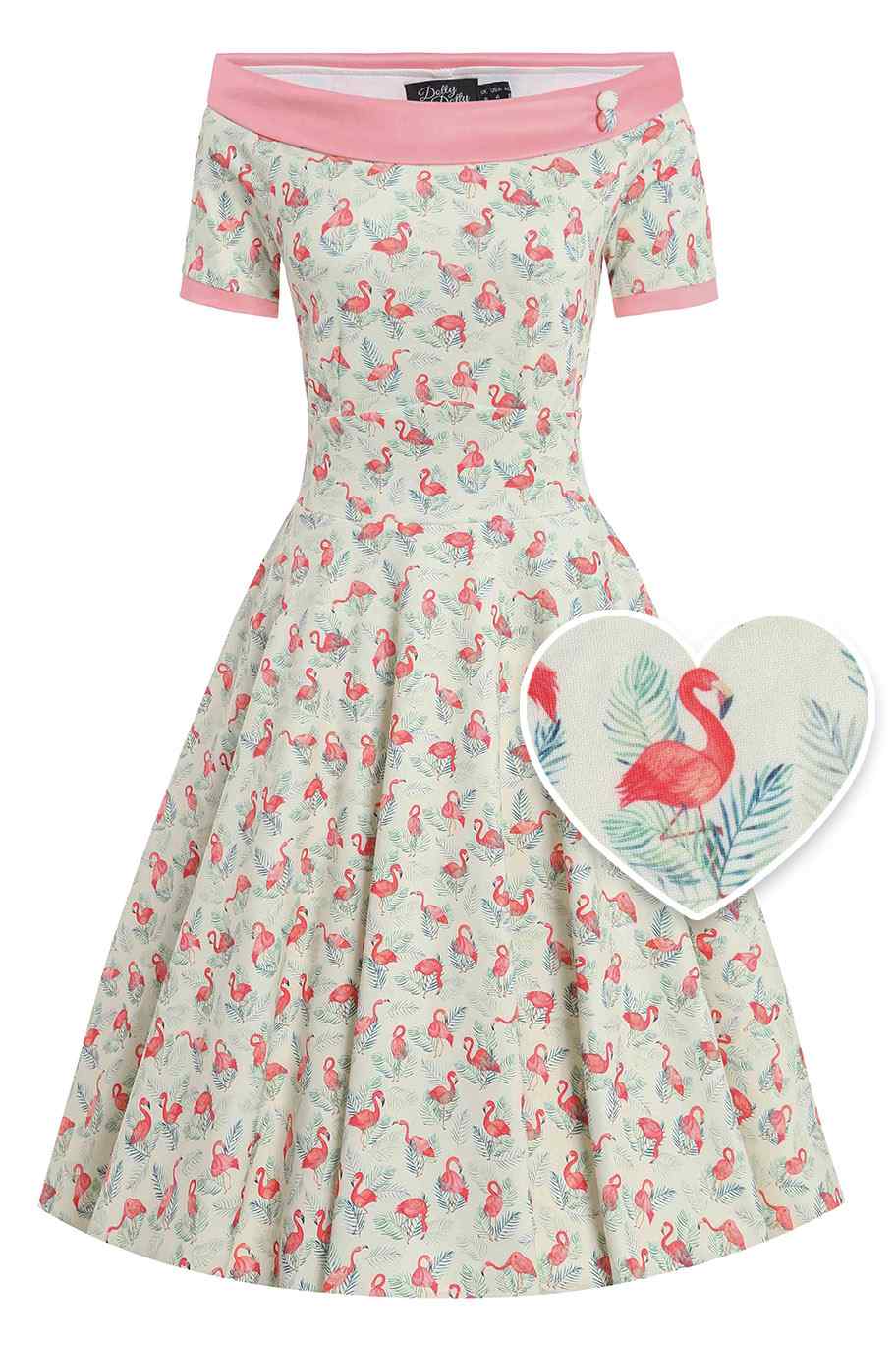 Front view of Pink Flamingo Off Shoulder Dress