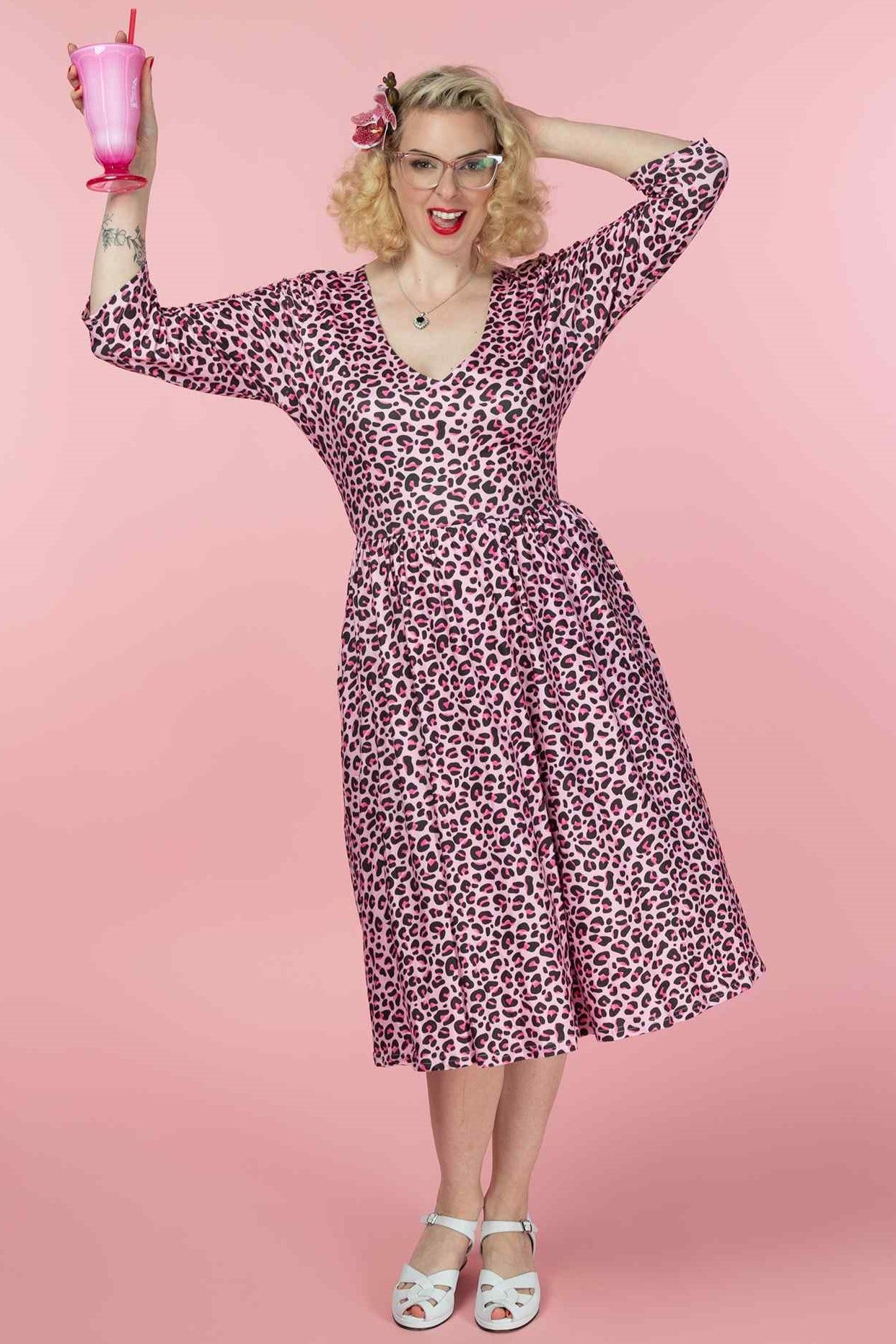 A model wearing a Pink Leopard Print Dress