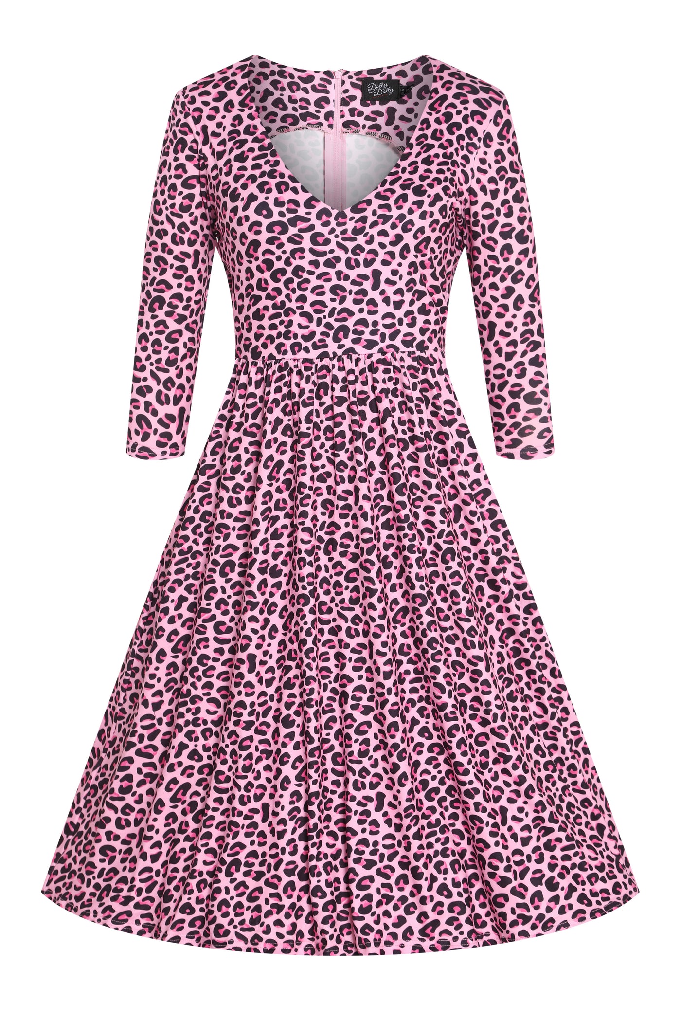 front view of a pink leopard print midi swing dress, with sleeves
