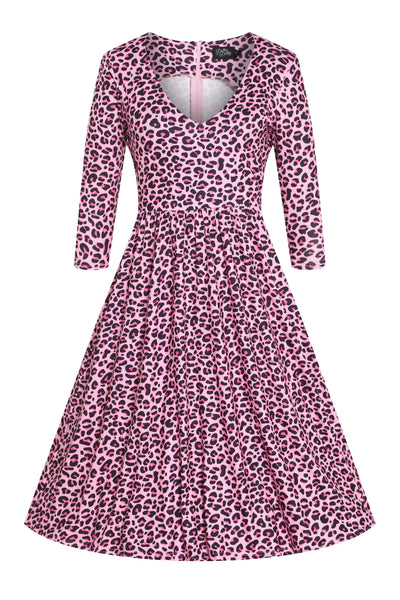 front view of a pink leopard print midi swing dress, with sleeves
