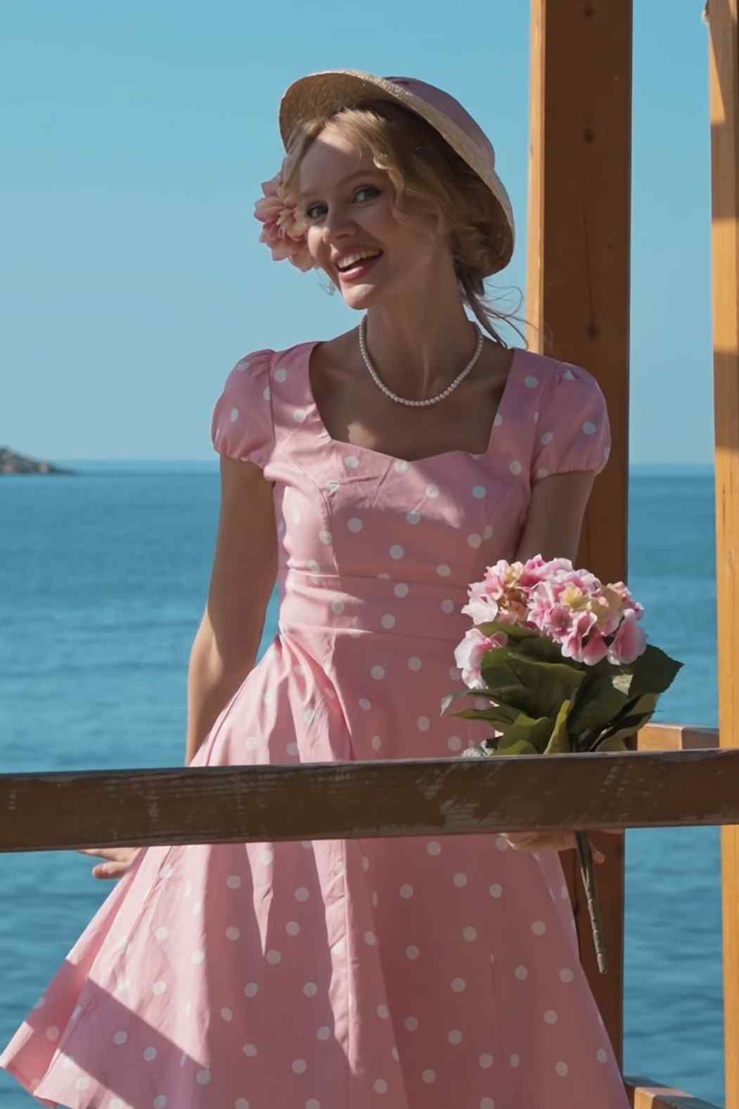 A model wearing Pink Polka Dot Skater Dress