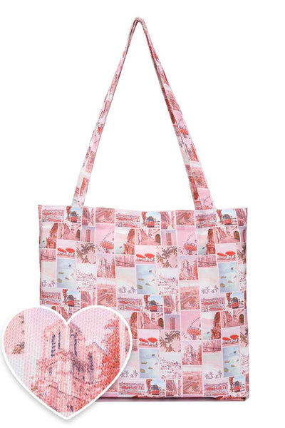 Pink Postcard Print Beach Tote Bag