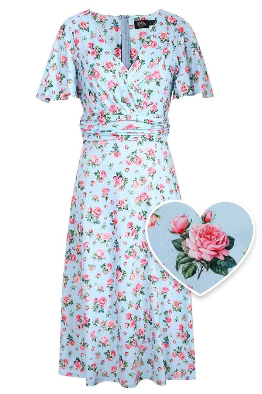 Front view of Pink Rose Day Dress In Baby Blue