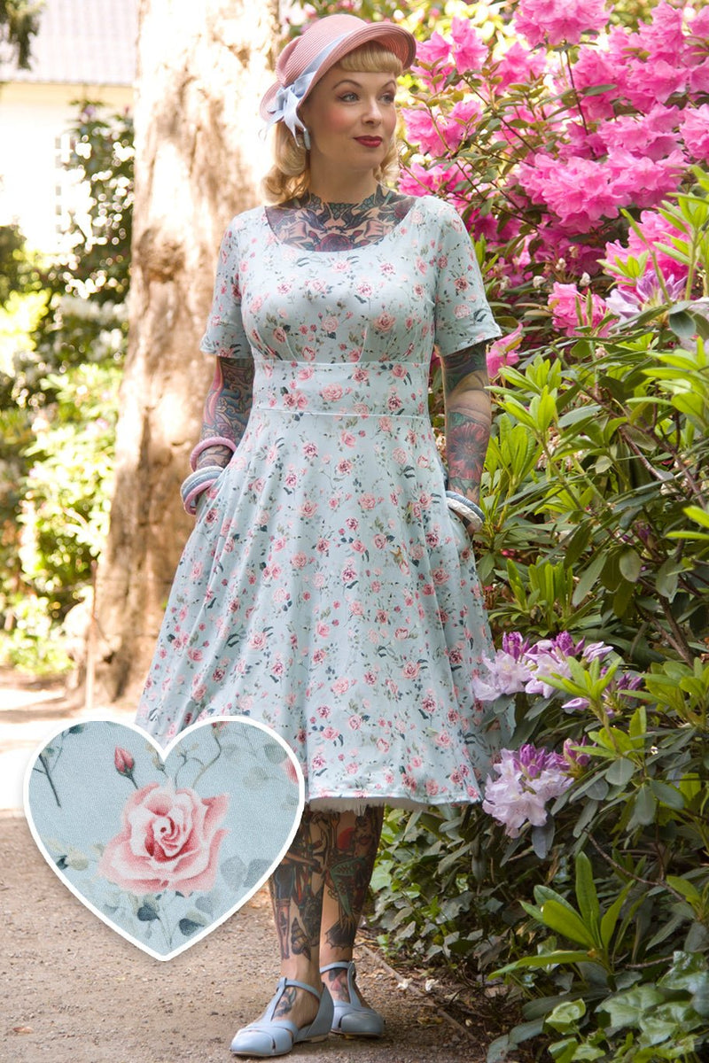 Pink Rose Flared Dress In Baby Blue