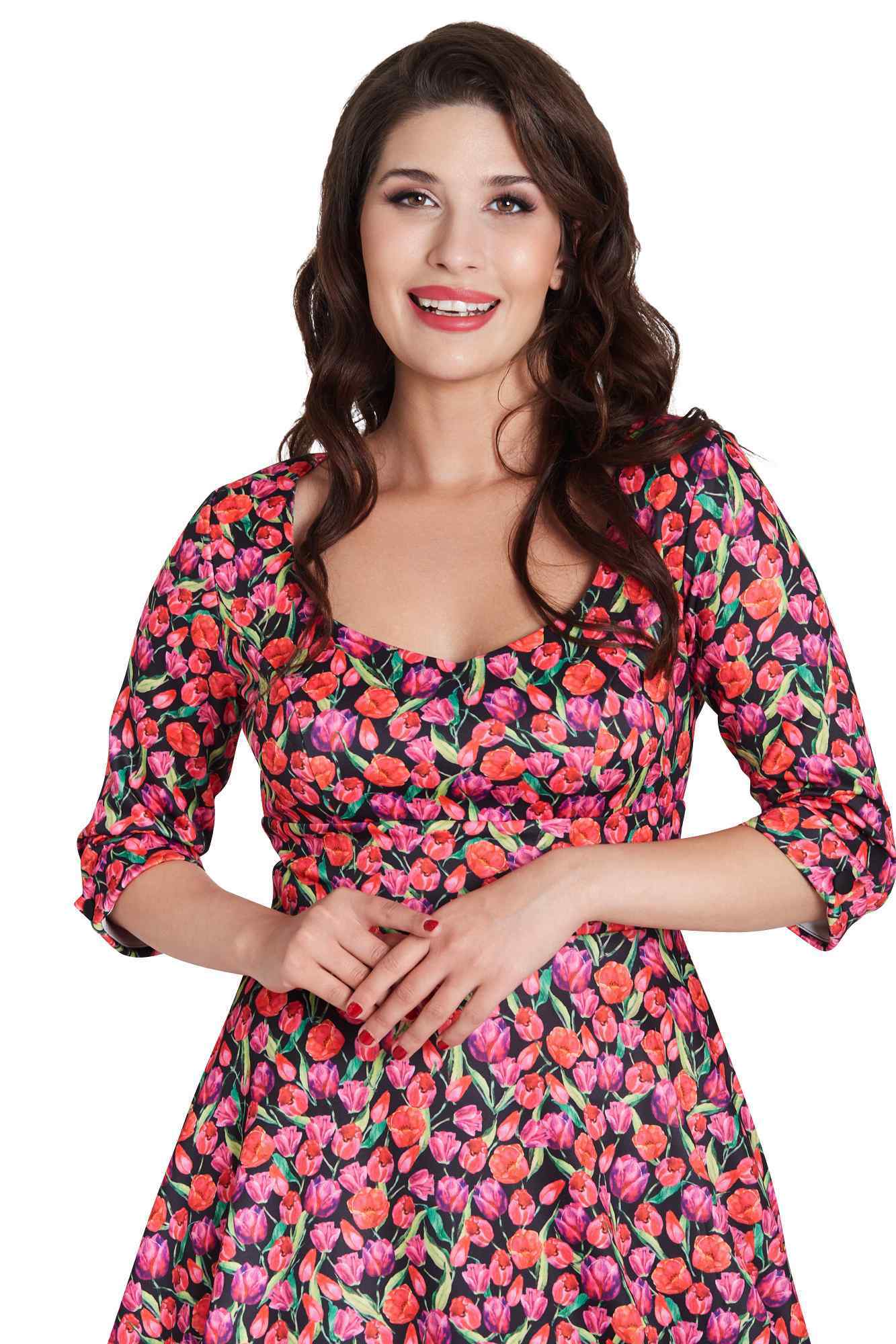 Model Photo of Pink Tulip Print Midi Dress