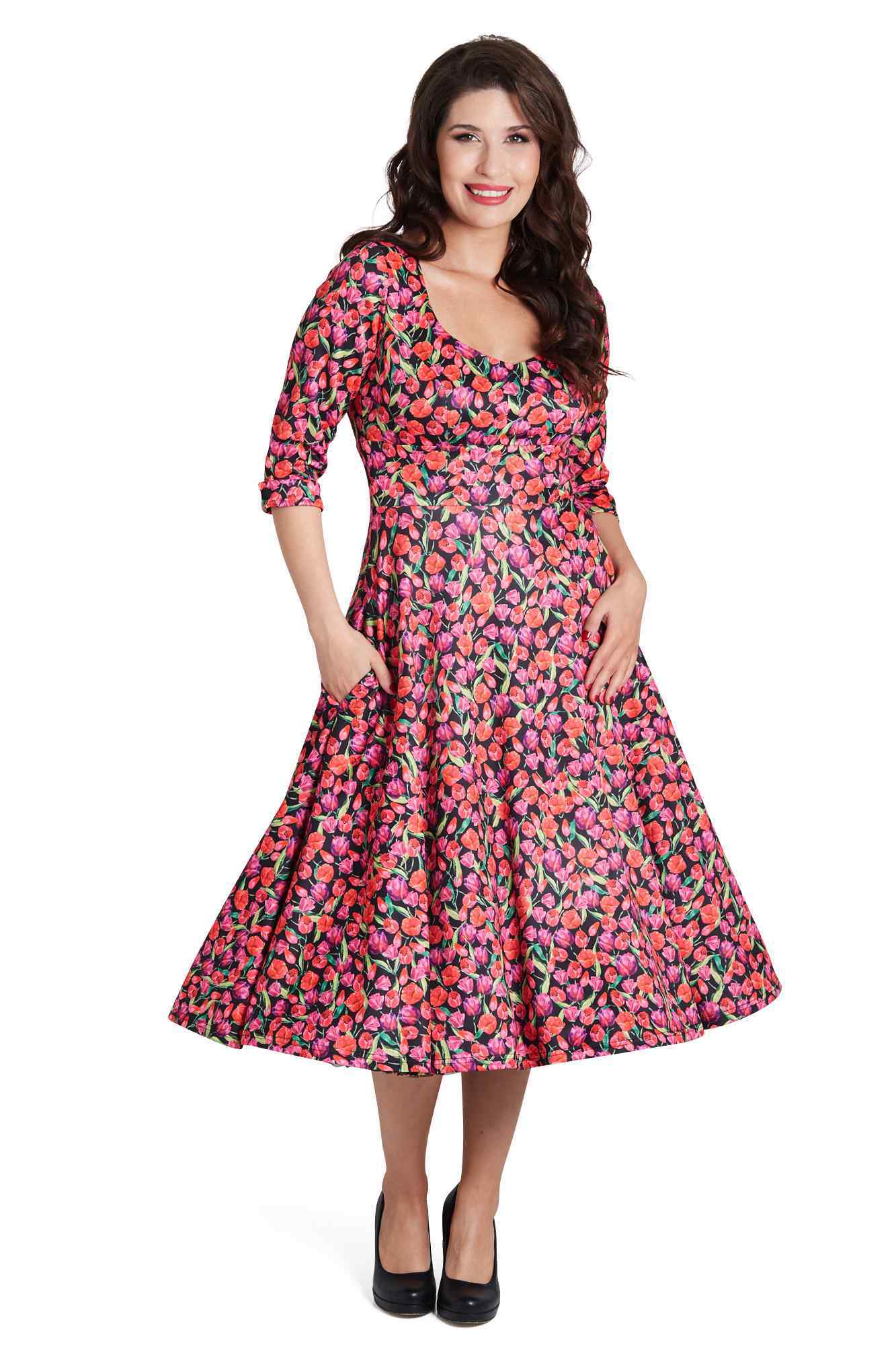 Model Photo of Pink Tulip Print Midi Dress