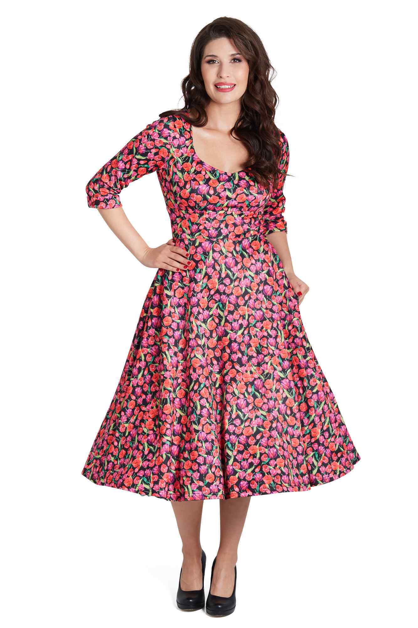 Model Photo of Pink Tulip Print Midi Dress