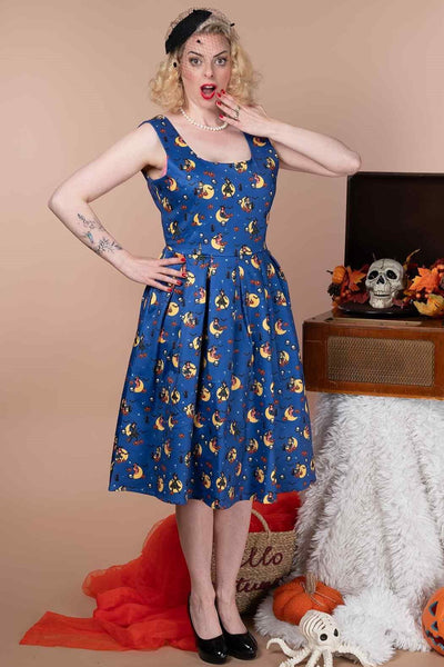 A model wearing a Witch Print in Blue Sleeveless Swing Dress