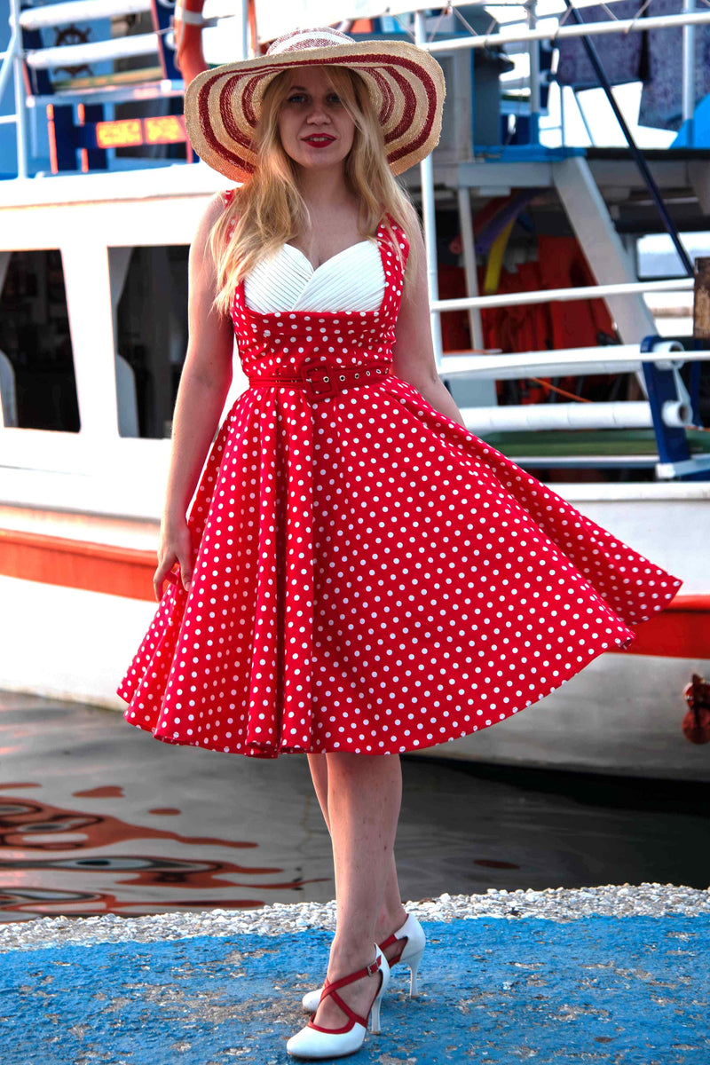 Grace Pleated 50s Style Swing Dress Red Polka Dots 8