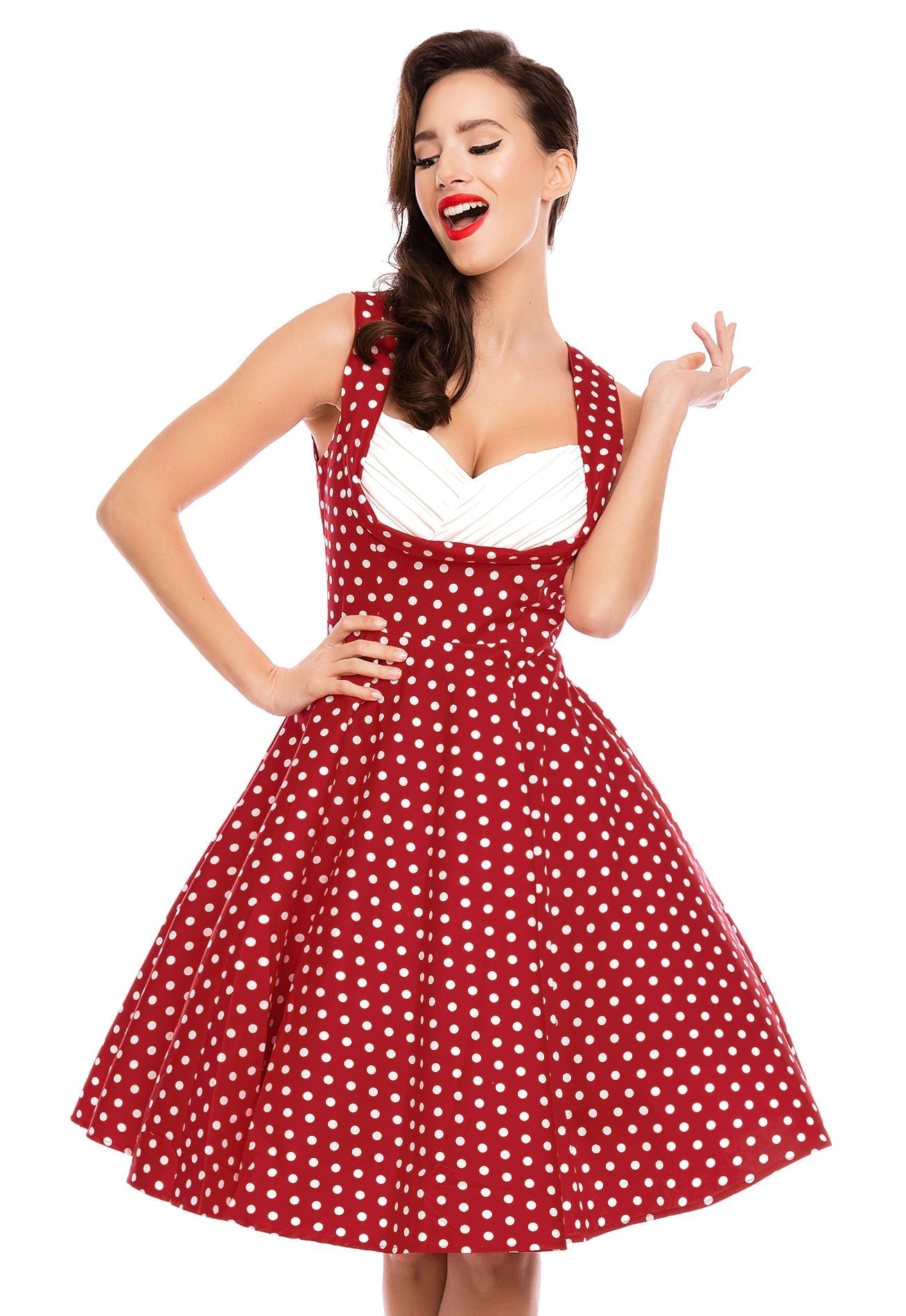 Pleated 50s Style Swing Dress Red Polka Dots