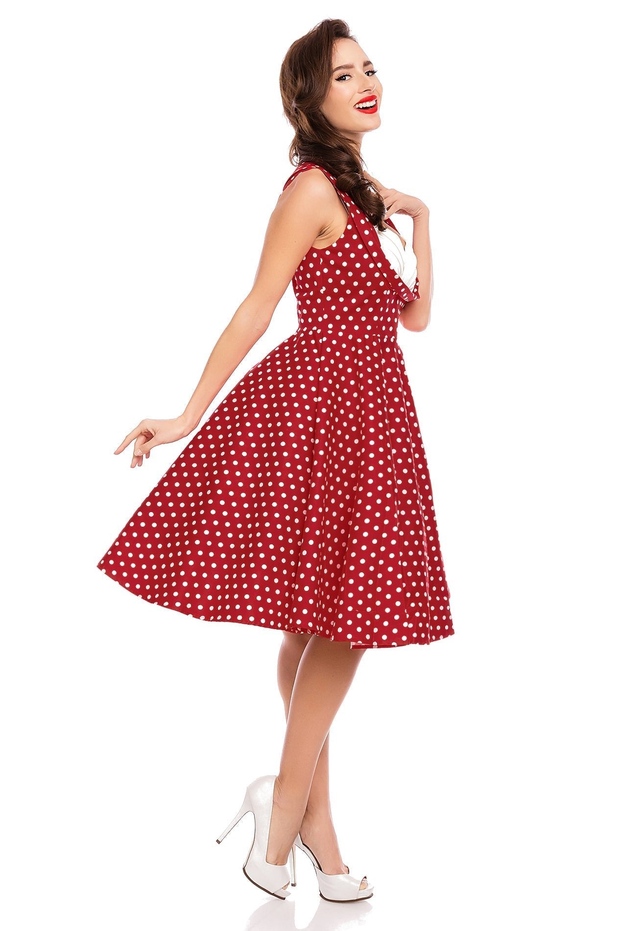 Pleated 50s Style Swing Dress Red Polka Dots