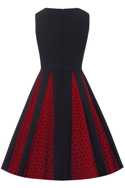 Back view of Pleated Black Dress With Burgundy Polka Dots