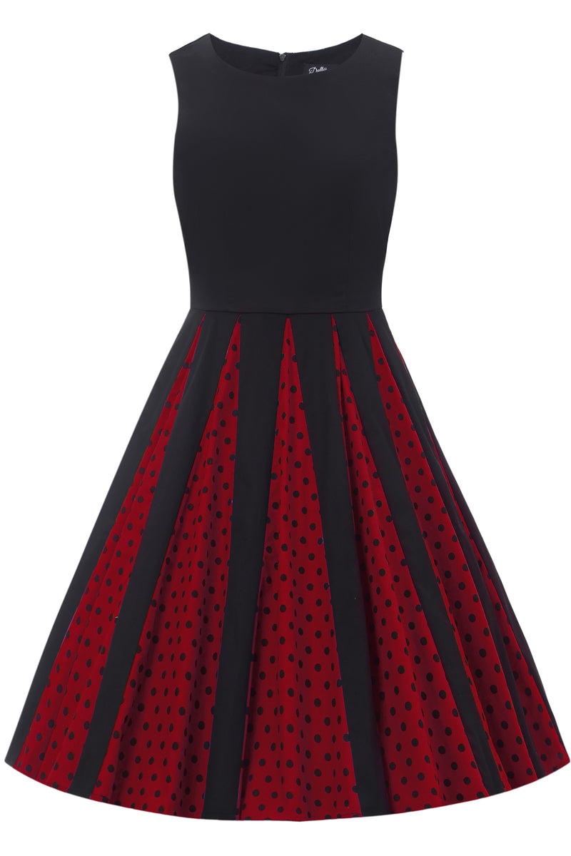 Front view of Pleated Black Dress With Burgundy Polka Dots