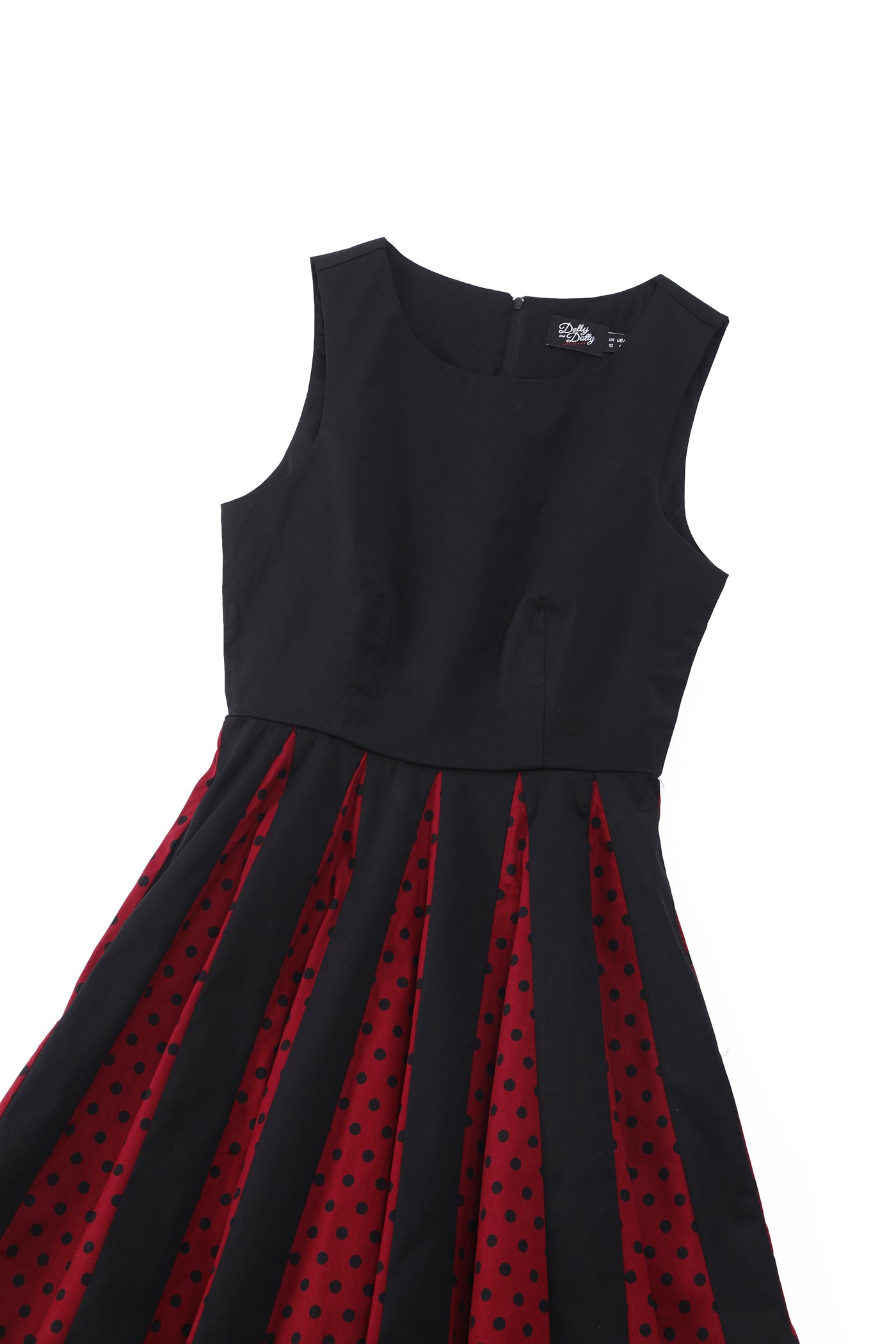 Close up view of Pleated Black Dress With Burgundy Polka Dots