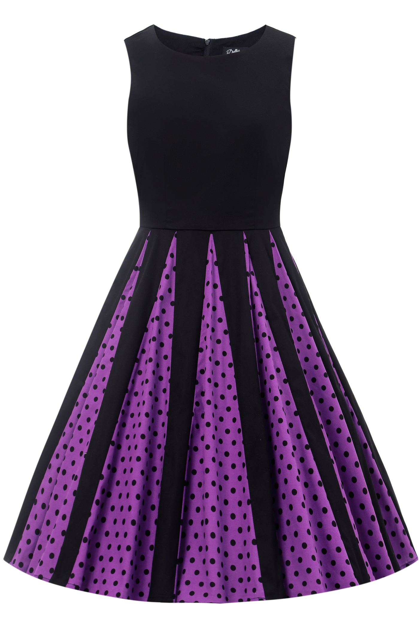 Front view of  Pleated Black Dress With Purple Polka Dots