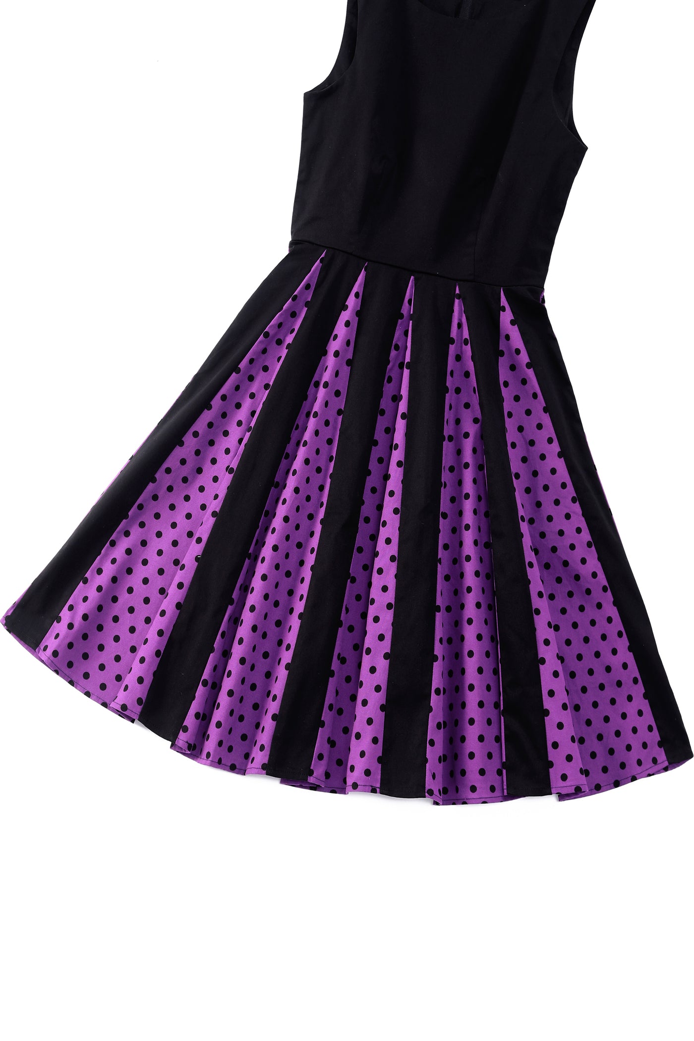 Close up view of  Pleated Black Dress With Purple Polka Dots