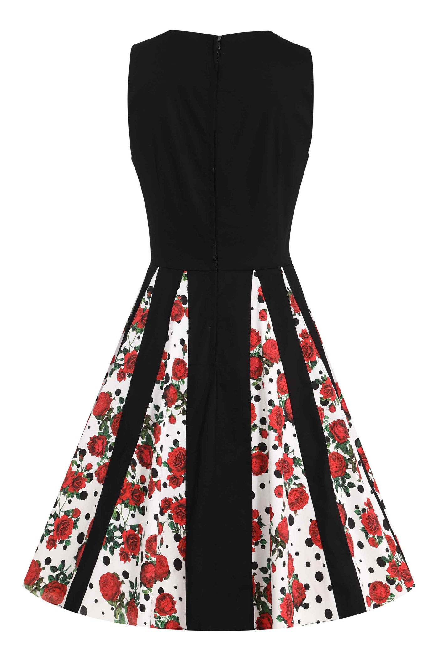 Back view of Pleated Black Dress With Retro Roses & Spots