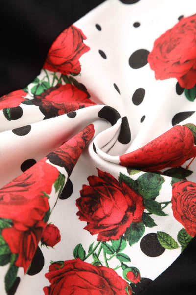 Close up view of Pleated Black Dress With Retro Roses & Spots