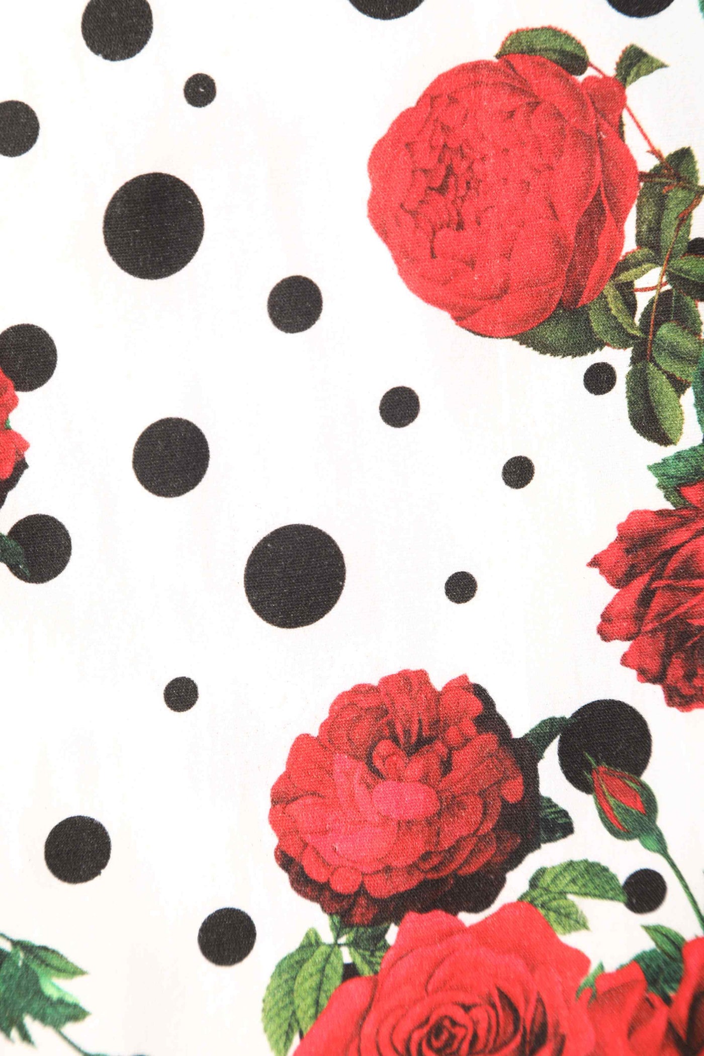 Close up view of Pleated Black Dress With Retro Roses & Spots