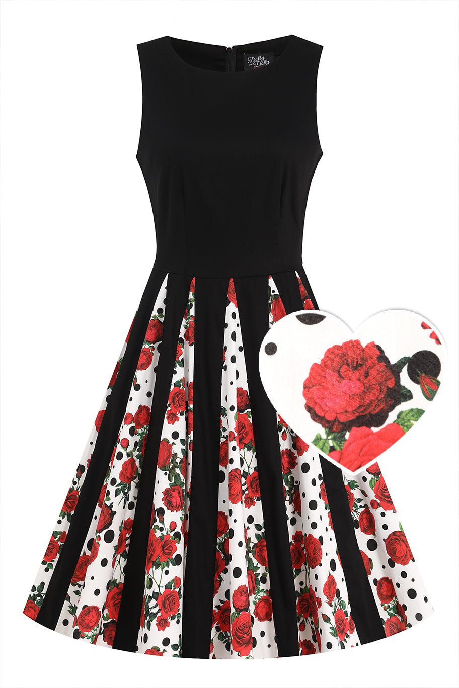 Front view of Pleated Black Dress With Retro Roses & Spots