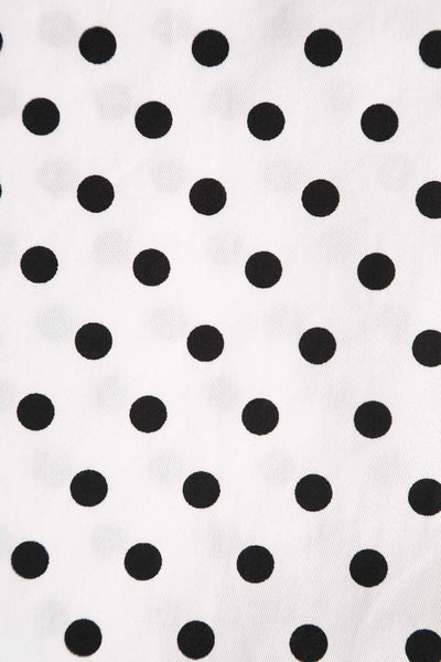 Close up view of Pleated Black Dress With White Polka Dots