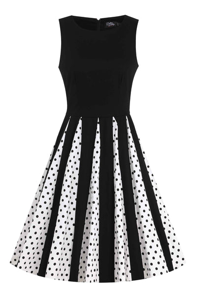 Front view of Pleated Black Dress With White Polka Dots